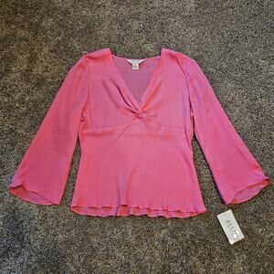 Allison Taylor Silk Twist Front Top Womens XL Pink Bell Sleeve Blouse Romantic